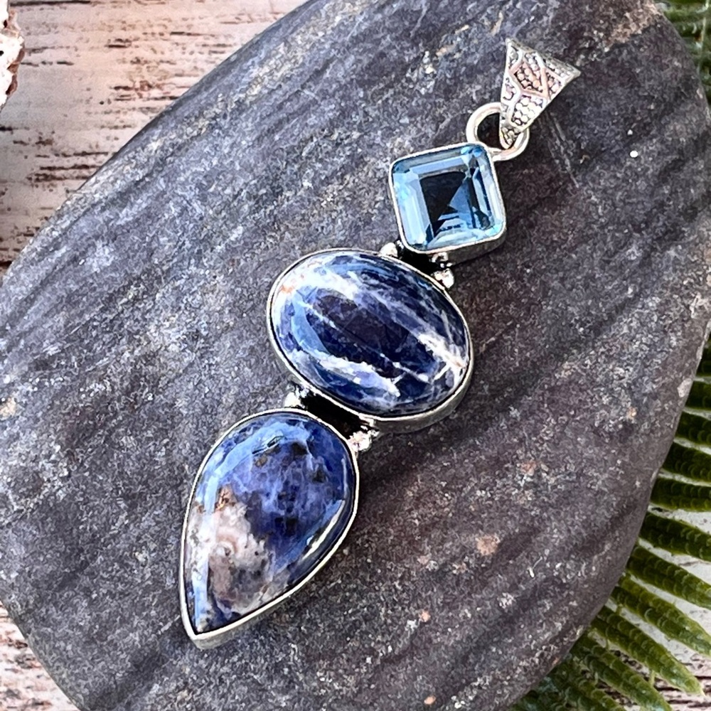 Handcrafted Blue Topaz & Sodalite Gemstone Sterling Silver 2.8” Pendant